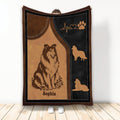 Rough Collie blanket with vintage brown and black artwork, paw print motif, and floral details