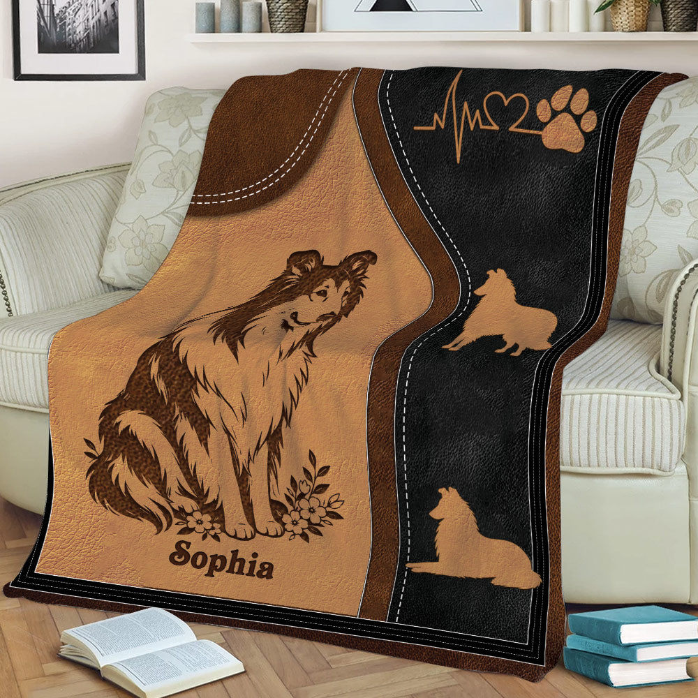 Close view of Rough Collie throw blanket design with seated dog illustration and paw-print accents