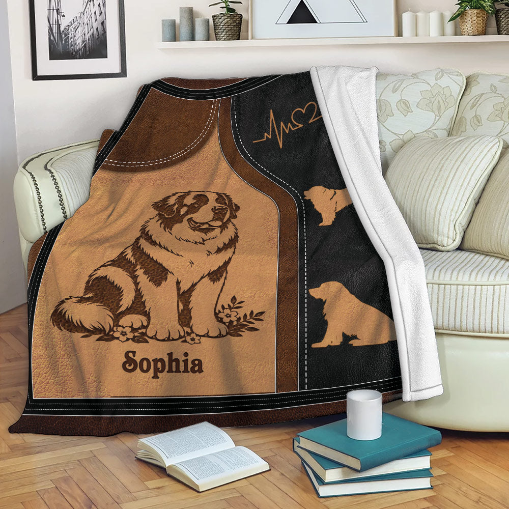 Saint Bernard throw blanket draped over a sofa with warm vintage dog artwork
