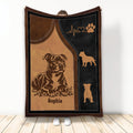 Staffordshire Bull Terrier blanket with sepia dog artwork, paw prints, and black leather-look accents