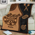 Dart board throw blanket spread across a sofa, featuring brown leather-look dartboard artwork