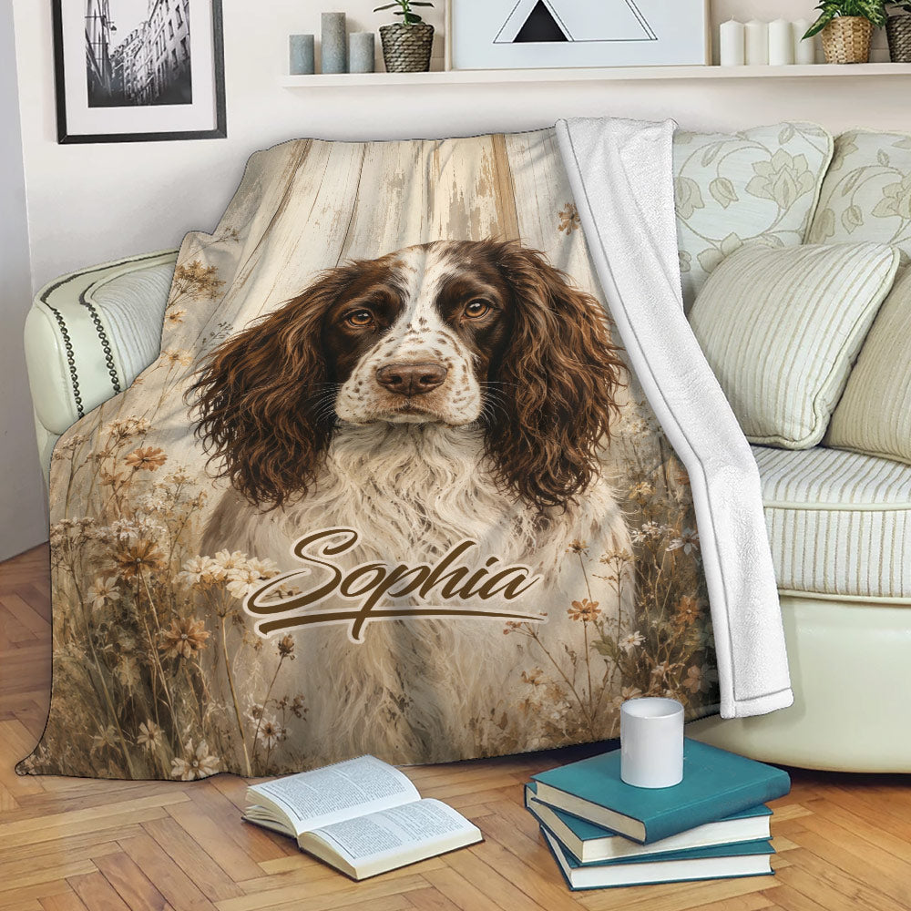 English Springer Spaniel throw blanket draped over a sofa in a cozy reading room with rustic floral artwork