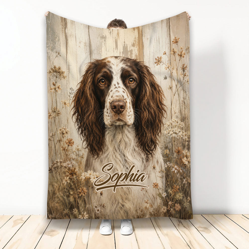 English Springer Spaniel blanket with a brown and white dog portrait, rustic wood backdrop, and floral artwork