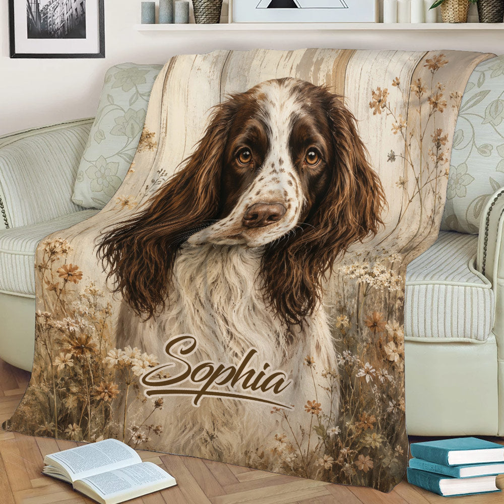 English Springer Spaniel blanket displayed on a sofa, featuring a close-up dog portrait and muted wildflowers
