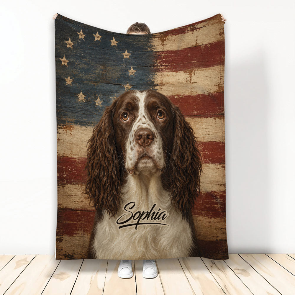 English Springer Spaniel blanket displayed with a rustic American flag background and patriotic artwork
