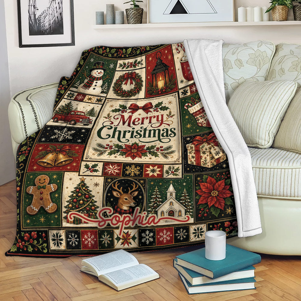 Christmas throw blanket displayed on a sofa with vintage holiday collage artwork and festive seasonal motifs