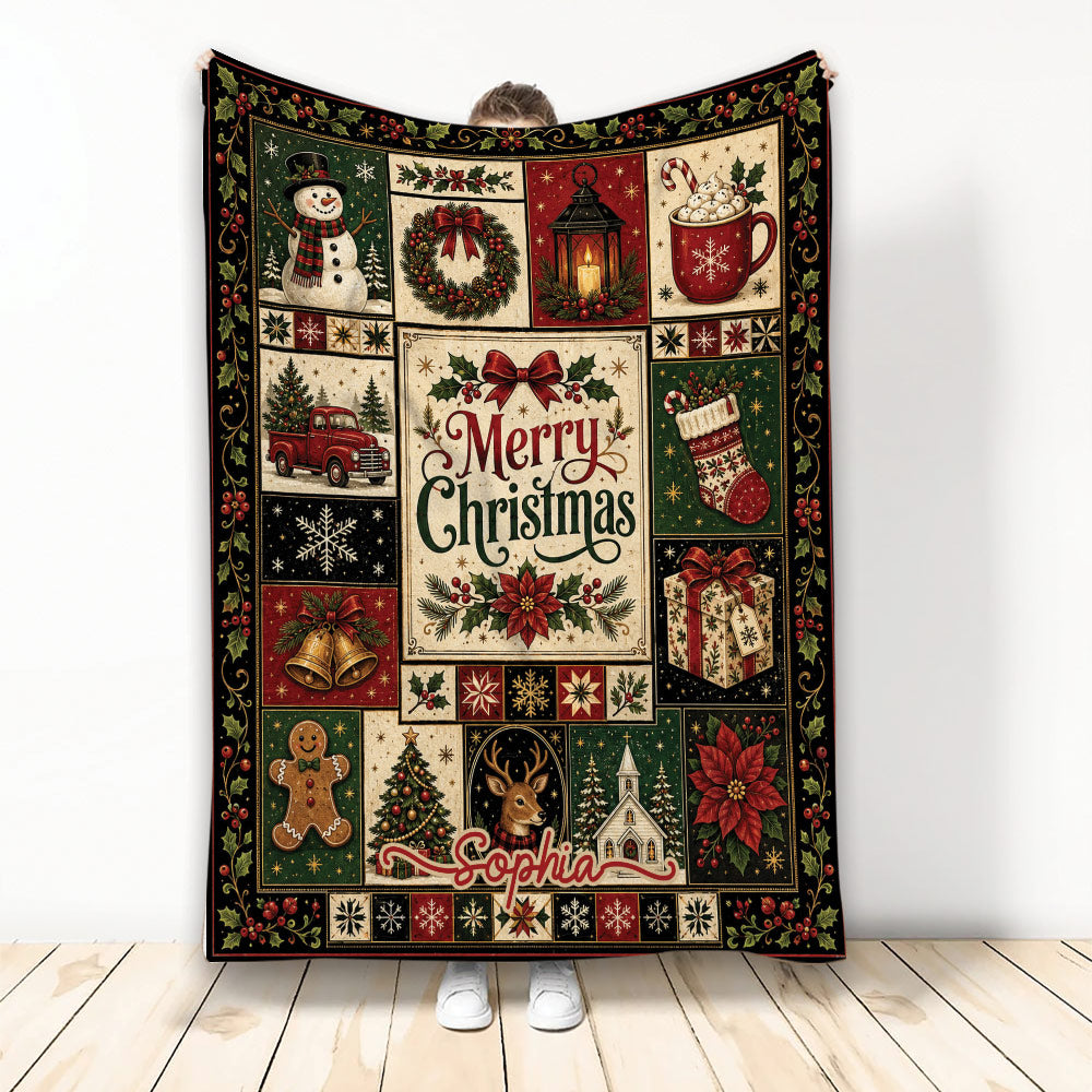 Christmas blanket with vintage holiday collage, snowman, wreath, gifts, poinsettias, deer and Christmas tree artwork