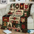 Vintage Christmas throw blanket draped over a couch with snowman, wreath, gifts, deer and poinsettia artwork