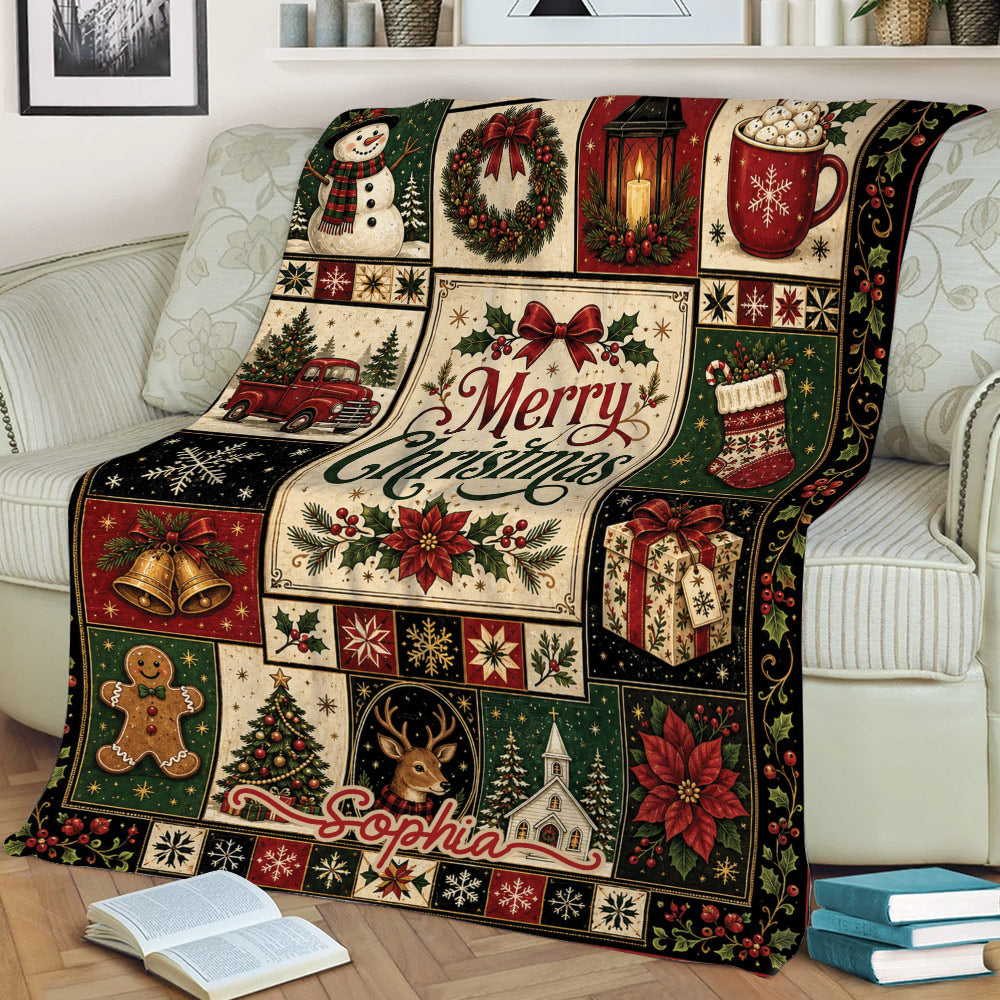 Vintage Christmas throw blanket draped over a couch with snowman, wreath, gifts, deer and poinsettia artwork