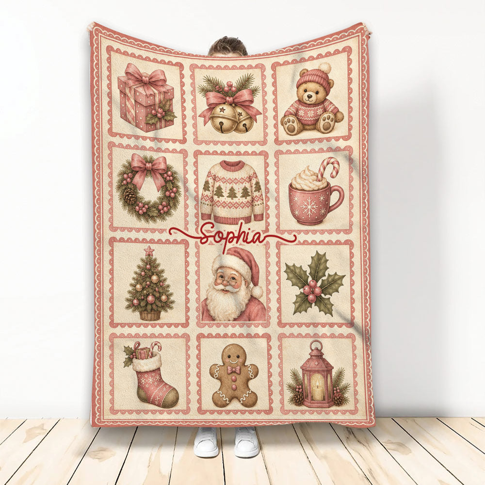 Christmas throw blanket featuring Santa, gifts, ornaments, stockings, gingerbread, and vintage holiday artwork