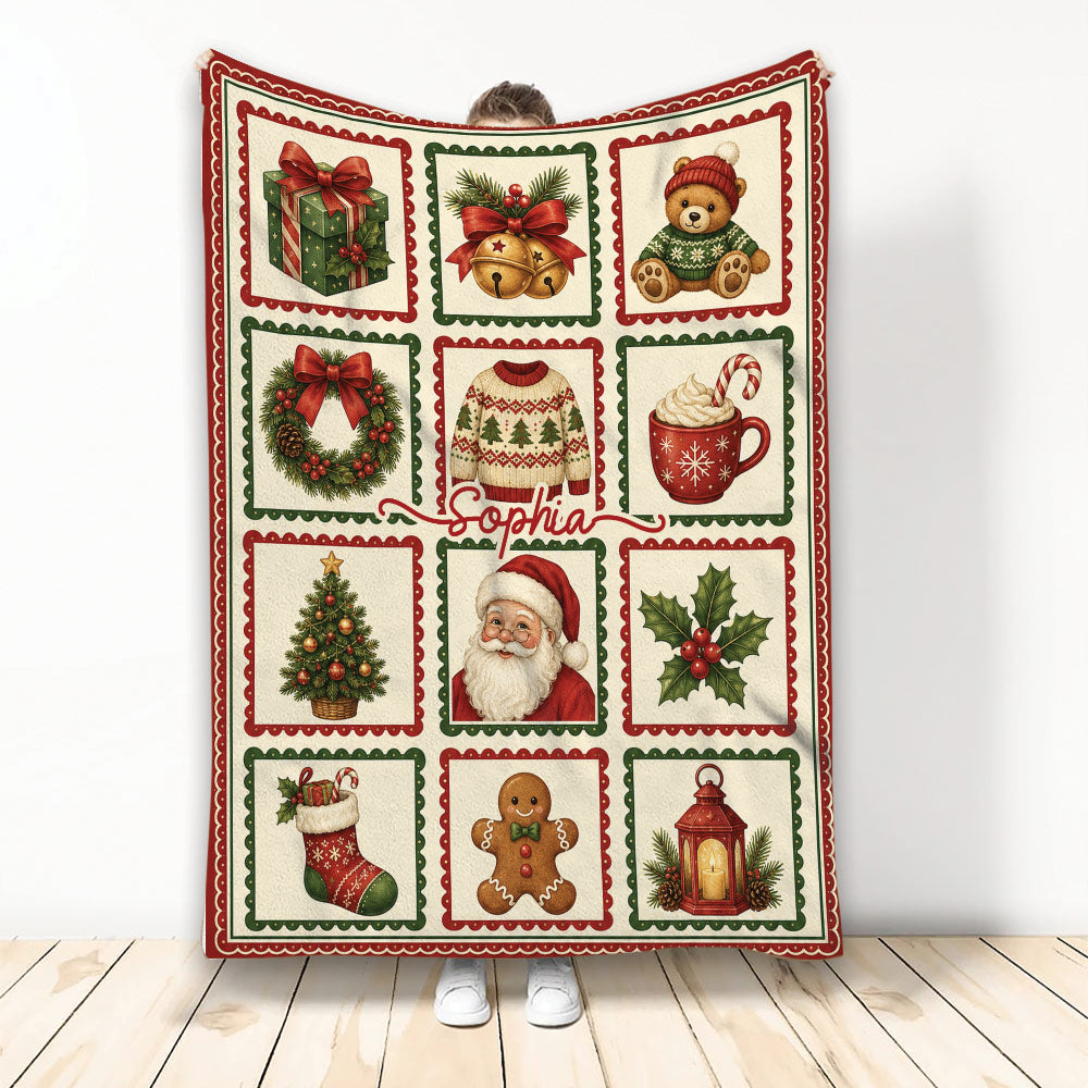 Christmas throw blanket with Santa, gifts, wreaths, stockings, gingerbread and holiday collage artwork