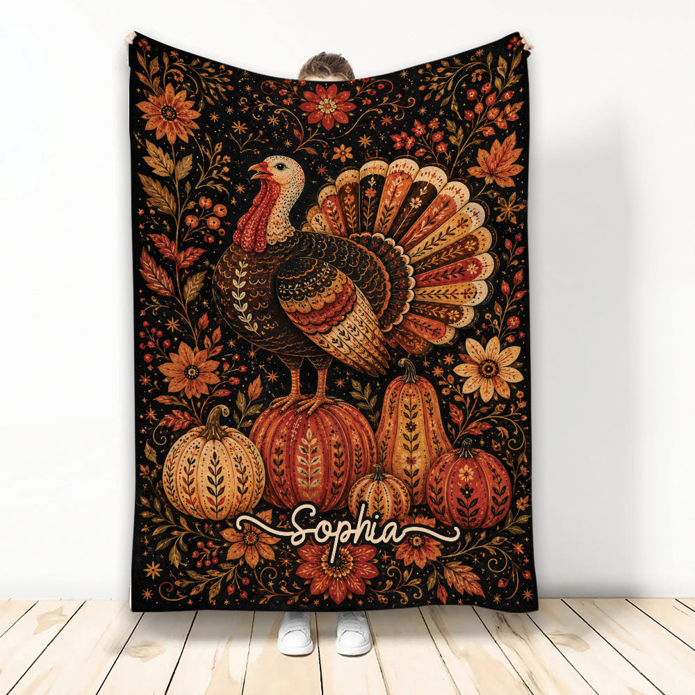 Thanksgiving throw blanket featuring a decorative turkey, pumpkins, autumn flowers, and warm vintage-inspired artwork
