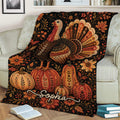 Decorative Thanksgiving throw blanket displayed on a sofa with turkey, pumpkins, leaves, and floral artwork