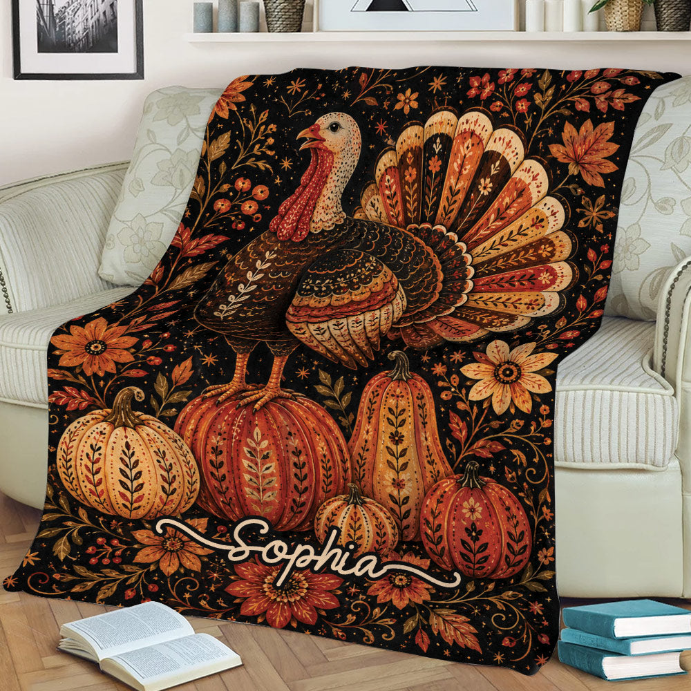 Decorative Thanksgiving throw blanket displayed on a sofa with turkey, pumpkins, leaves, and floral artwork
