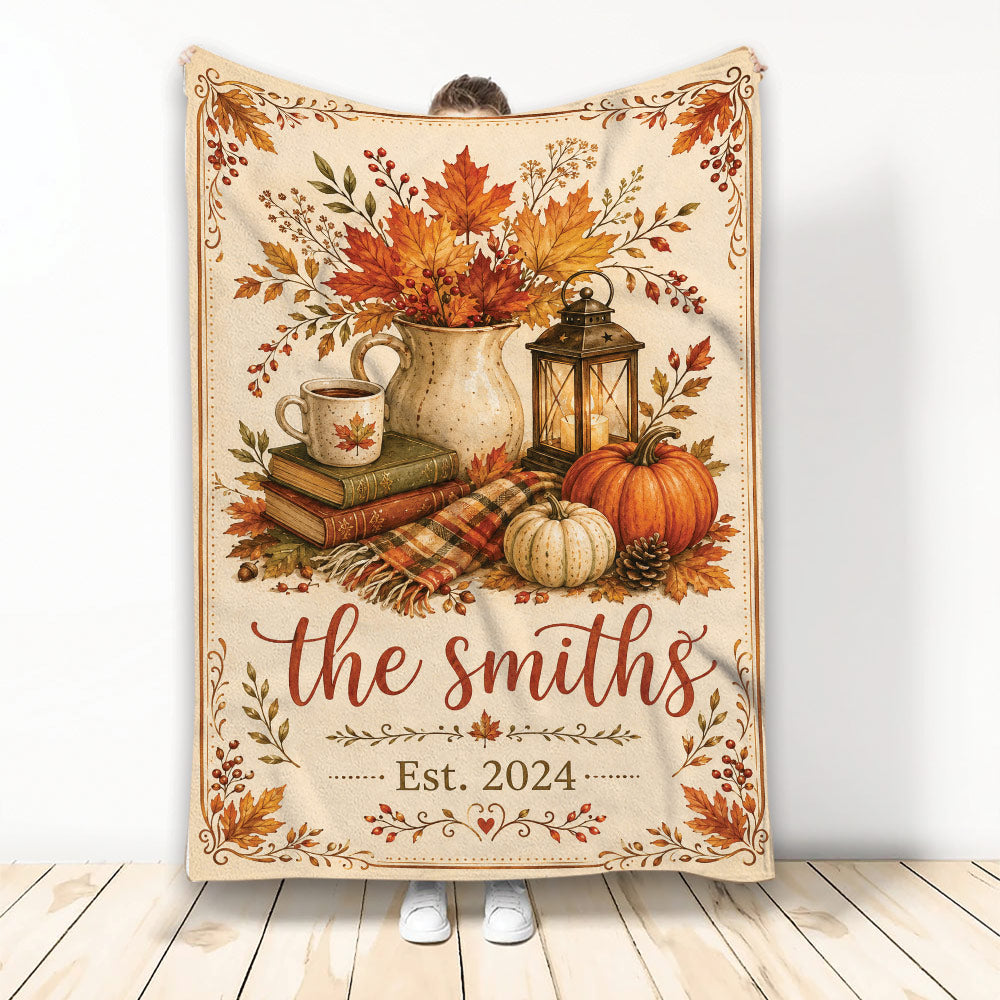 Thanksgiving blanket with autumn leaves, pumpkins, lantern, books, coffee, and rustic harvest artwork