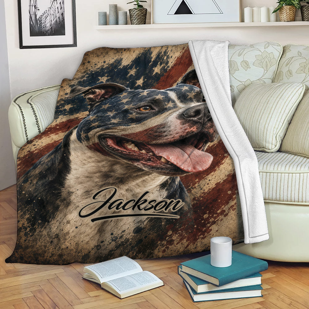 Staffordshire Bull Terrier blanket draped across a sofa with patriotic artwork