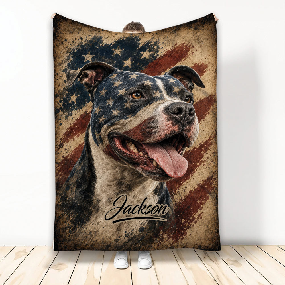 Staffordshire Bull Terrier throw blanket with distressed American flag artwork