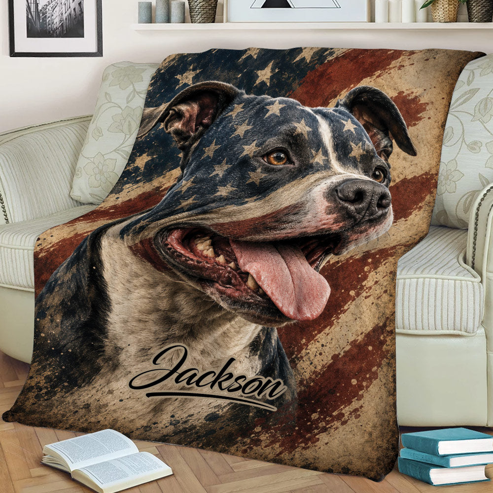 Close view of Staffordshire Bull Terrier throw blanket in a cozy living room