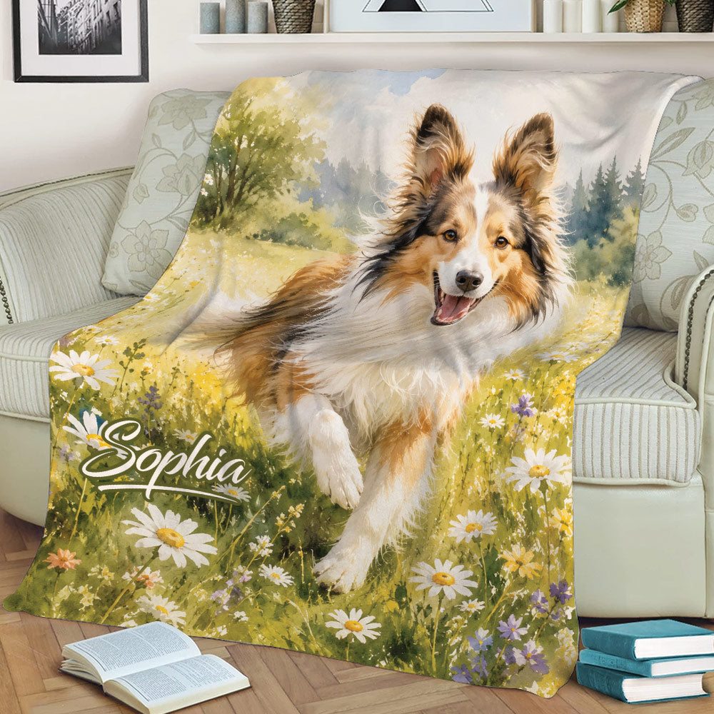 Close view of a Sheltie throw blanket featuring a joyful dog in a wildflower field