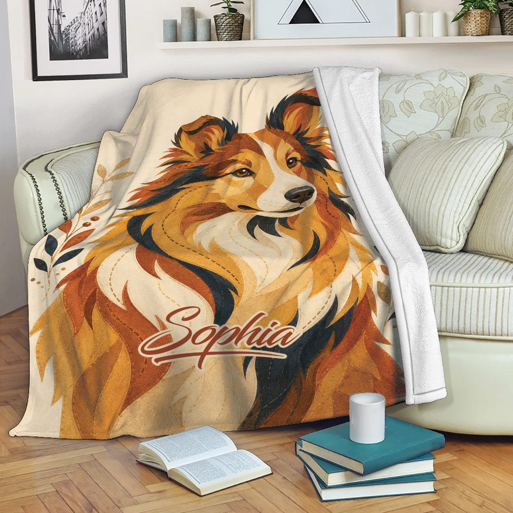 Sheltie throw blanket styled on a sofa with a warm autumn dog illustration
