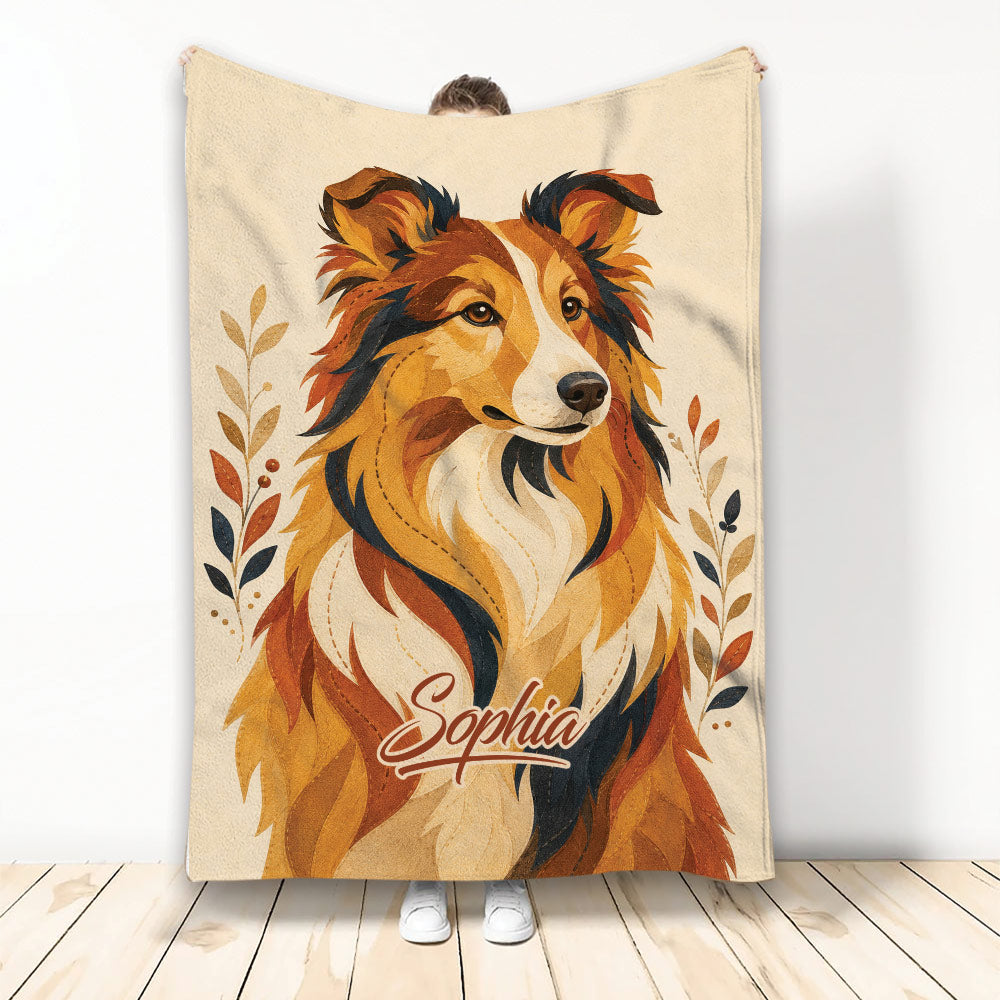 Custom Sheltie blanket featuring a warm autumn-colored illustrated herding dog portrait