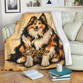 Sheltie throw blanket displayed on a sofa with warm rustic artwork and cozy living room decor