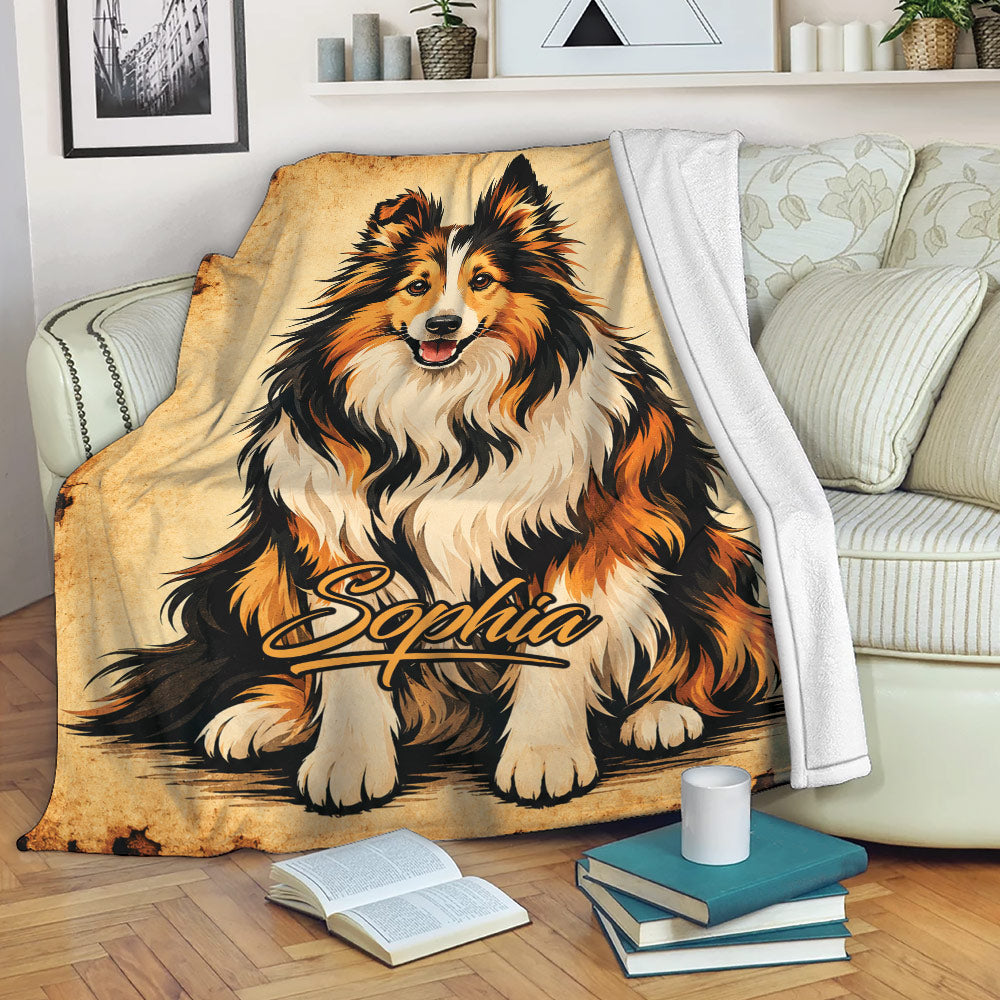 Sheltie throw blanket displayed on a sofa with warm rustic artwork and cozy living room decor