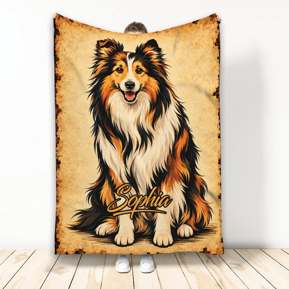 Rustic custom Sheltie blanket featuring a cheerful tri-color dog illustration on parchment-style artwork