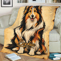 Close view of a custom Sheltie throw blanket draped over a sofa with detailed dog artwork