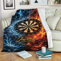 Dart board blanket draped over a sofa with fiery red and cool blue elemental artwork