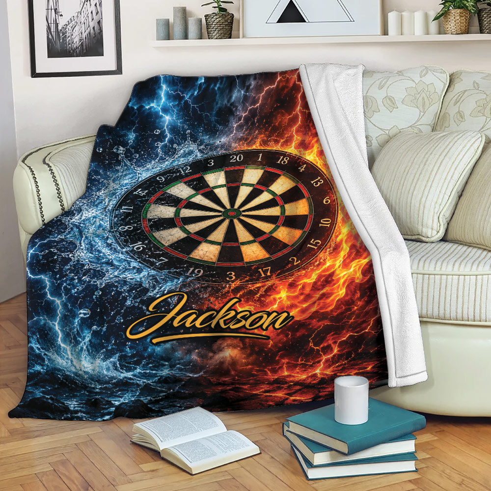 Dart board blanket draped over a sofa with fiery red and cool blue elemental artwork