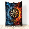 Dart board throw blanket with dramatic blue lightning, red flames, water, and bold sports artwork