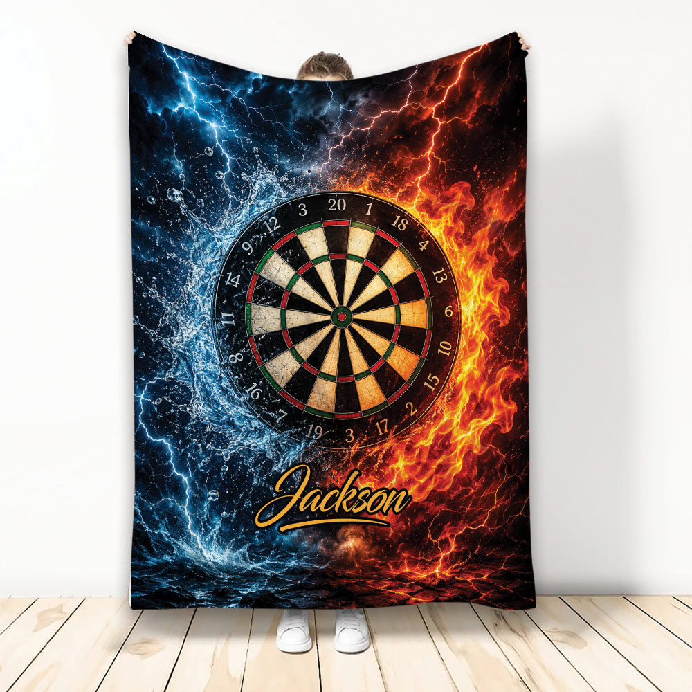 Dart board throw blanket with dramatic blue lightning, red flames, water, and bold sports artwork