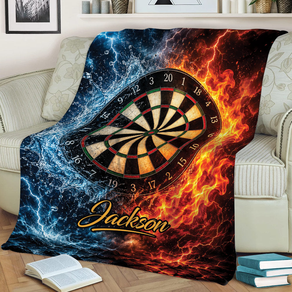 Dart board throw blanket displayed across a couch with lightning, water, and flame artwork