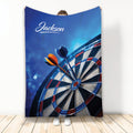 Dart board throw blanket displayed upright with colorful darts and blue sports artwork