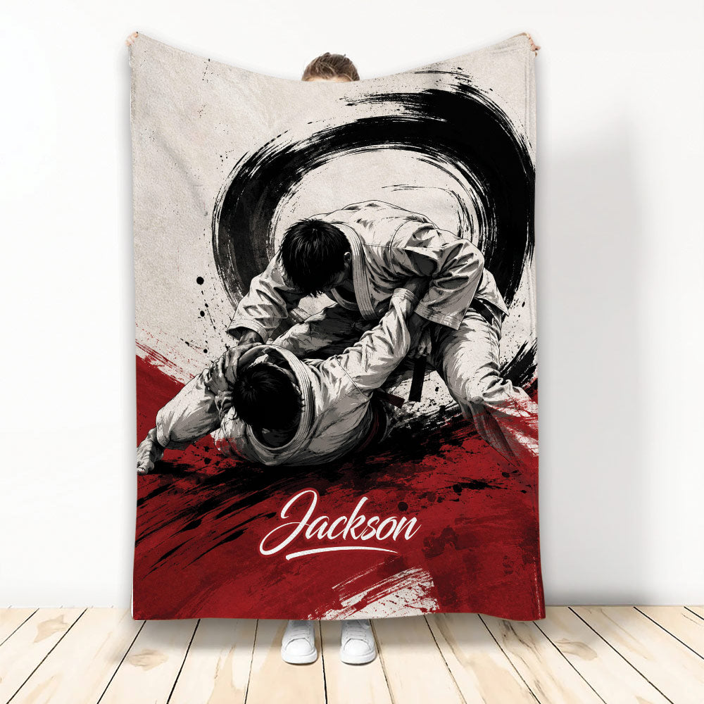 Jiu Jitsu blanket featuring two grapplers in gis with bold black, white, and red brushstroke artwork