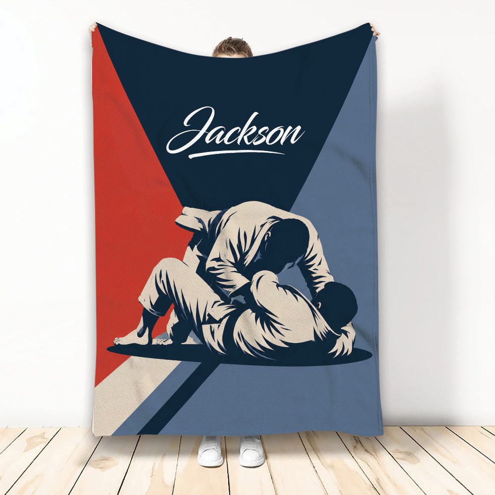 Jiu Jitsu throw blanket featuring dramatic grappling artwork in navy, red, blue, and cream tones