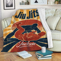 Jiu Jitsu blanket draped over a sofa with vintage grappling artwork and warm retro colors