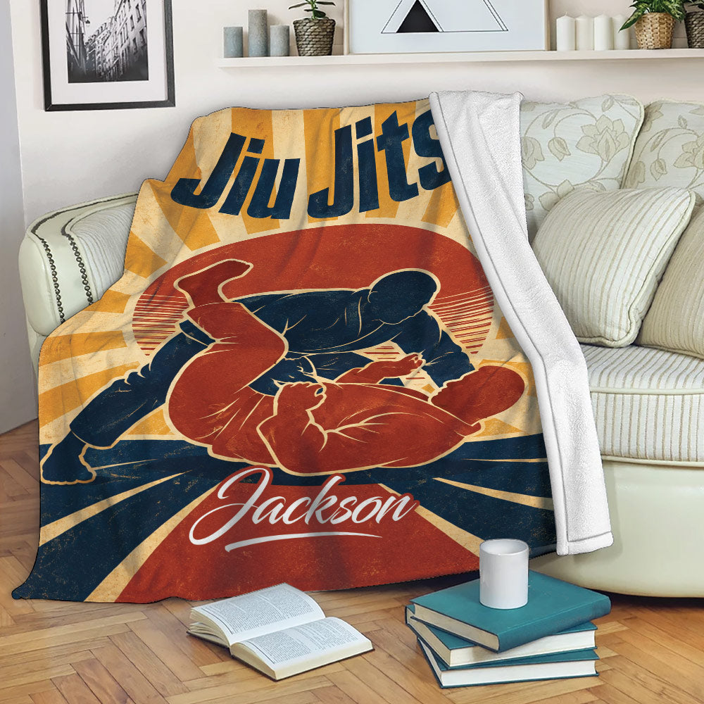 Jiu Jitsu blanket draped over a sofa with vintage grappling artwork and warm retro colors
