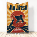 Jiu Jitsu throw blanket with vintage grappling artwork in navy, rust, gold, and cream