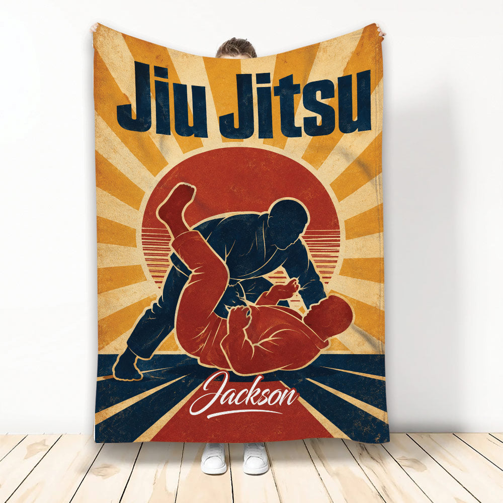 Jiu Jitsu throw blanket with vintage grappling artwork in navy, rust, gold, and cream