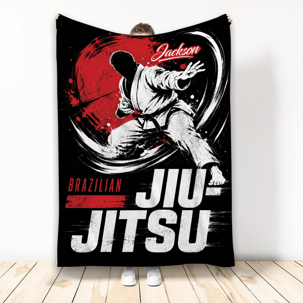 Jiu Jitsu throw blanket with grappler artwork in a bold red, black, and white design