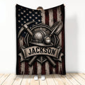 Miner throw blanket with crossed pickaxes, mining helmet, shovel, and distressed American flag artwork