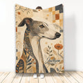 Greyhound blanket with vintage botanical artwork in warm beige, rust, navy, and charcoal tones
