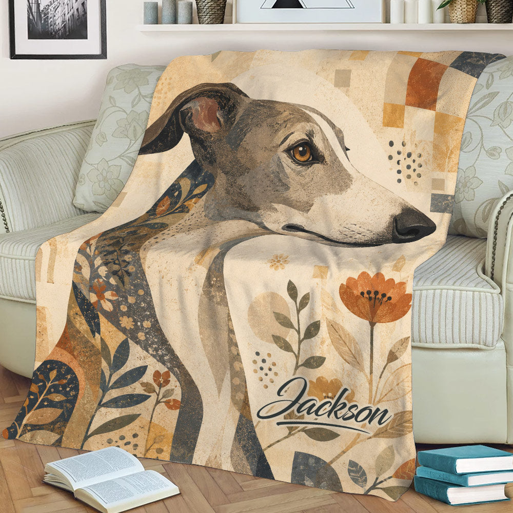Close view of a Greyhound blanket featuring a refined floral and geometric design