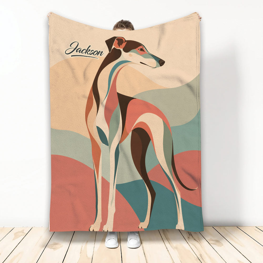 Greyhound throw blanket displayed upright with colorful geometric artwork and a sleek long-legged dog design