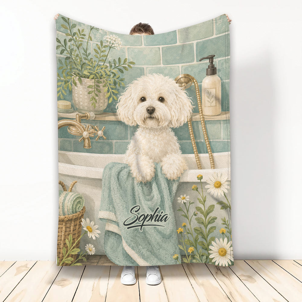 Bichon Frise blanket featuring a curly white dog in a botanical bathroom scene with teal and cream tones