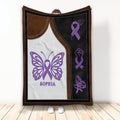 Fibromyalgia awareness blanket with purple butterfly, ribbons, and advocacy fist design