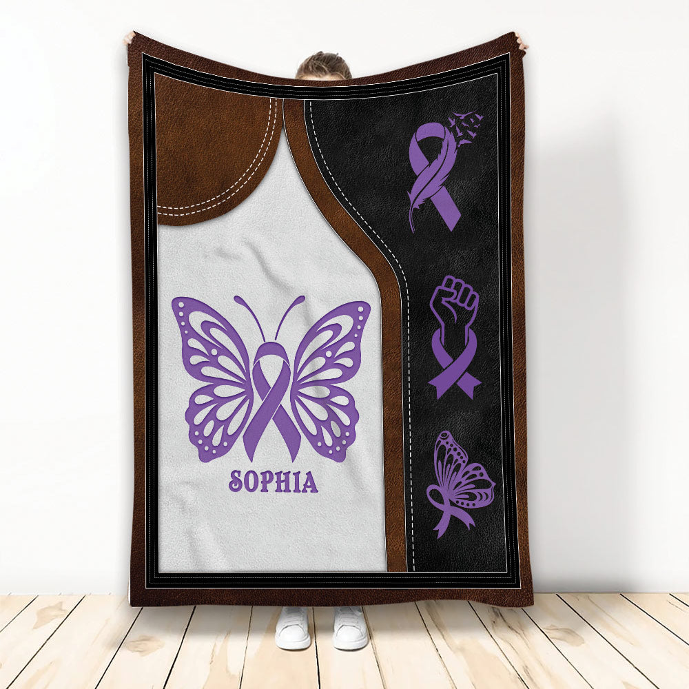 Fibromyalgia awareness blanket with purple butterfly, ribbons, and advocacy fist design