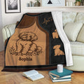 Maltese dog throw blanket displayed on a sofa with warm brown and black artwork